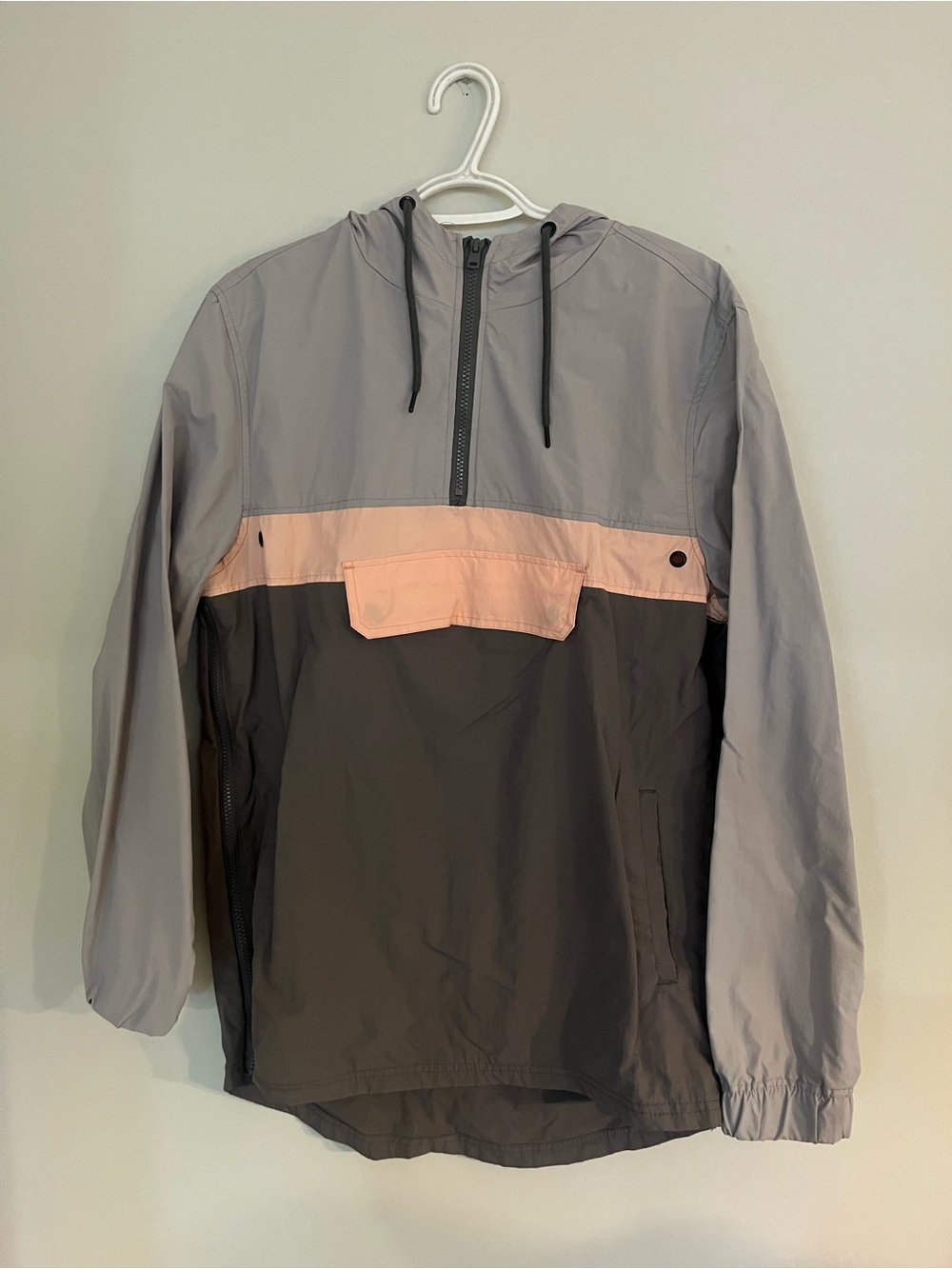 Reebok Men's Hooded Windbreaker Jacket in Gray & Light Pink